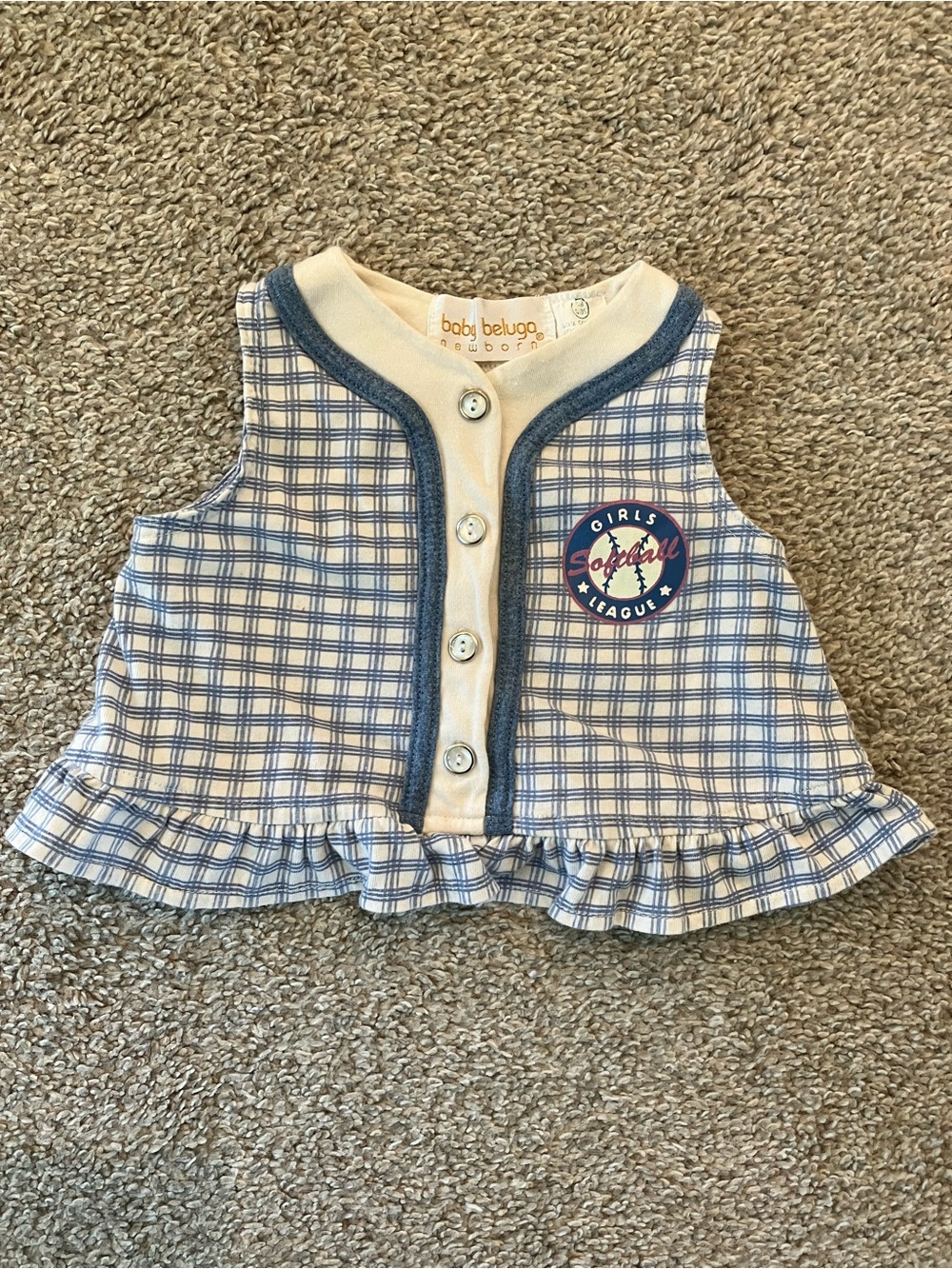 Vintage Baby Beluga Blue Plaid Ruffle Front Toddler Top. Numbered back